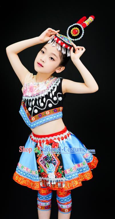 Chinese She Minority Children Dance Clothing Ethnic Girl Dance Costumes Tujia Nationality Stage Performance Blue Dress Outfits