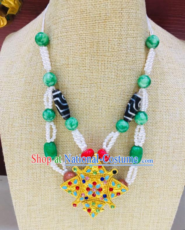 Chinese Traditional Tibetan Nationality Festival Jade Pendant Zang Minority Wedding Necklace Jewelry Folk Dance Necklet Accessories