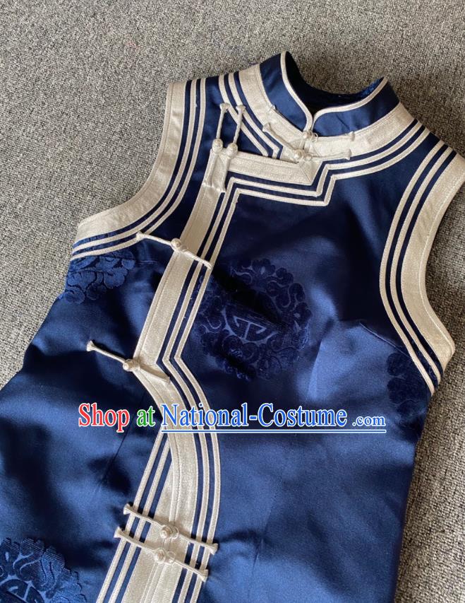 Chinese Mongolian Children Upper Outer Garment Mongol Nationality Boys Navy Brocade Vest Ethnic Performance Waistcoat