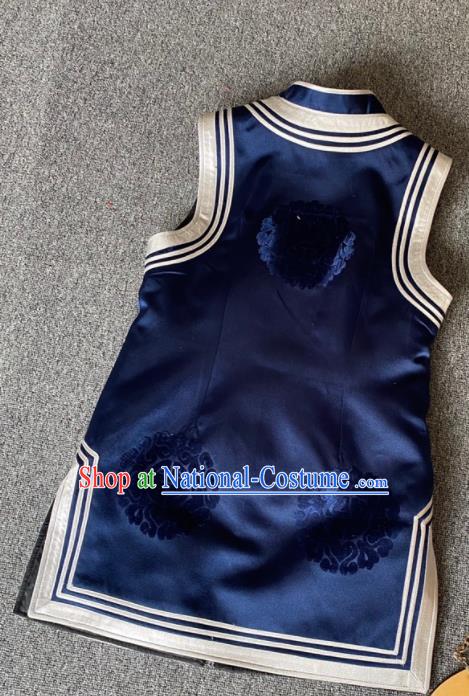 Chinese Mongolian Children Upper Outer Garment Mongol Nationality Boys Navy Brocade Vest Ethnic Performance Waistcoat