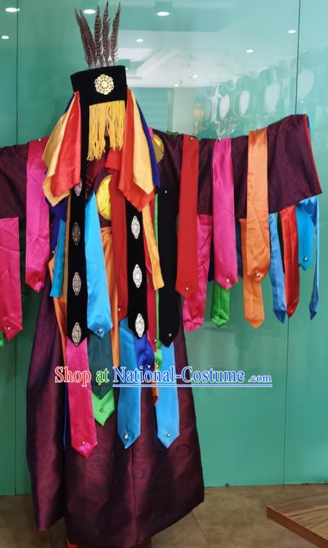 Chinese Ethnic Fiesta Ceremonial Clothing Traditional Shaman Wizard Purple Robe Mongol Minority Religious Rites Apparels and Hat