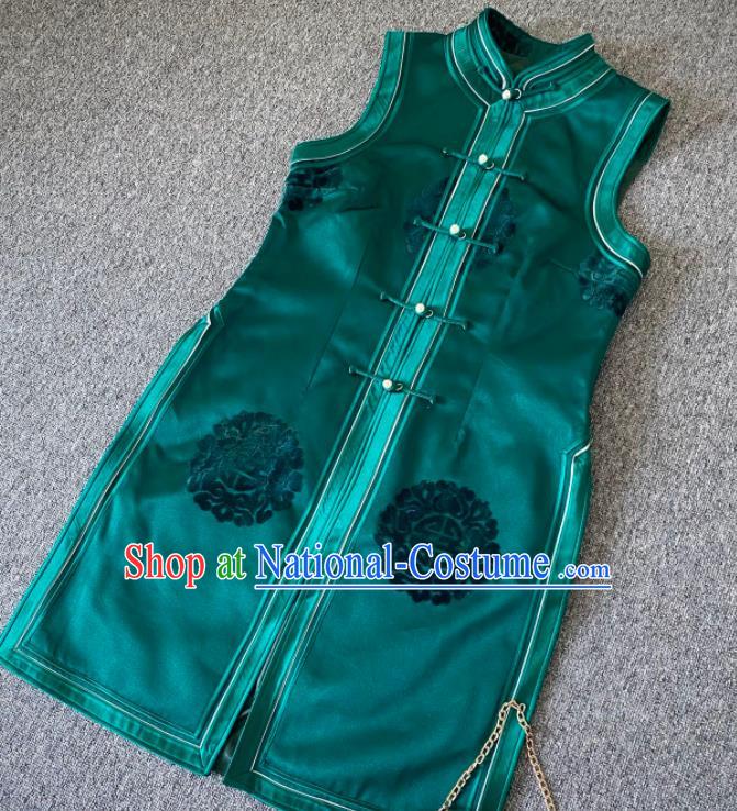 Chinese Ethnic Performance Waistcoat Mongolian Woman Upper Outer Garment Mongol Nationality Green Brocade Long Vest