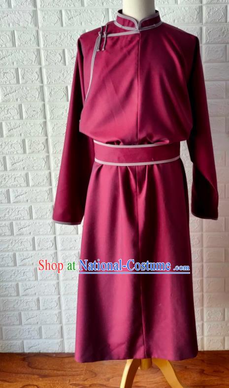 Chinese Mongolian Ethnic Clothing Traditional Wine Red Mongolian Robe Mongol Minority Male Garment Costume