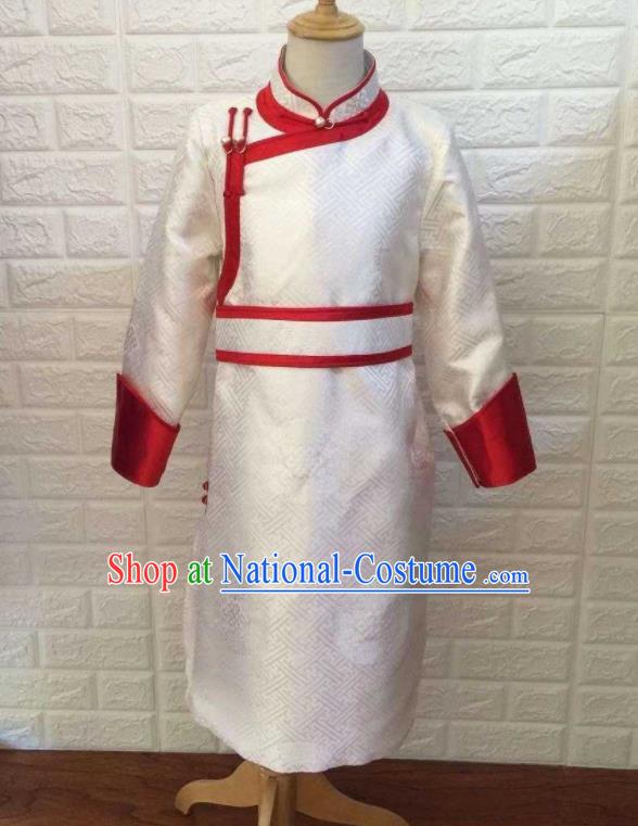 Chinese Ethnic Children Clothing Mongolian Boys Festival Garment Mongol Nationality Stage Performance White Brocade Robe