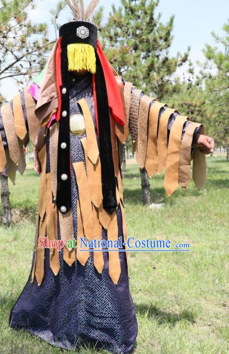 Chinese Traditional Shaman Wizard Navy Robe Mongol Minority Religious Rites Apparels Ethnic Fiesta Ceremonial Clothing and Headwear