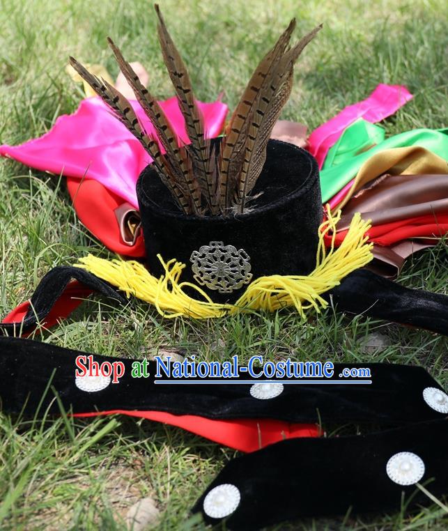 China Mongol Shaman Master Headwear Handmade Ethnic Stage Performance Feather Hat Mongolian Nationality Fiesta Hair Accessories