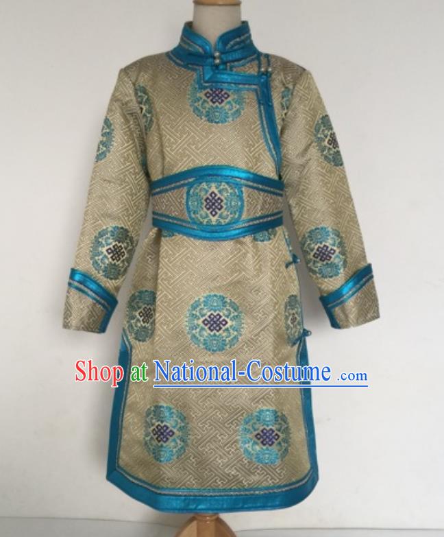 Chinese Mongol Nationality Boys Khaki Brocade Robe Ethnic Children Dance Clothing Mongolian Festival Performance Garment