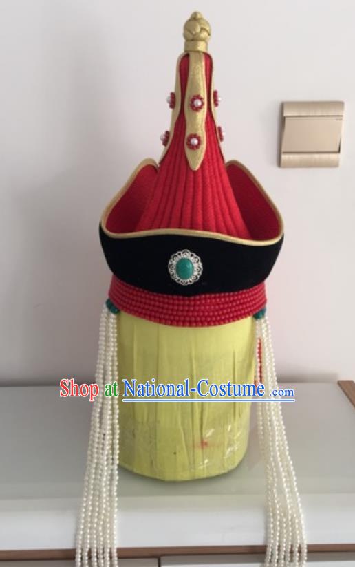 China Mongol Minority Wedding Bride Headdress Handmade Ethnic Woman Red Tassel Hat Mongolian Nationality Dance Headwear