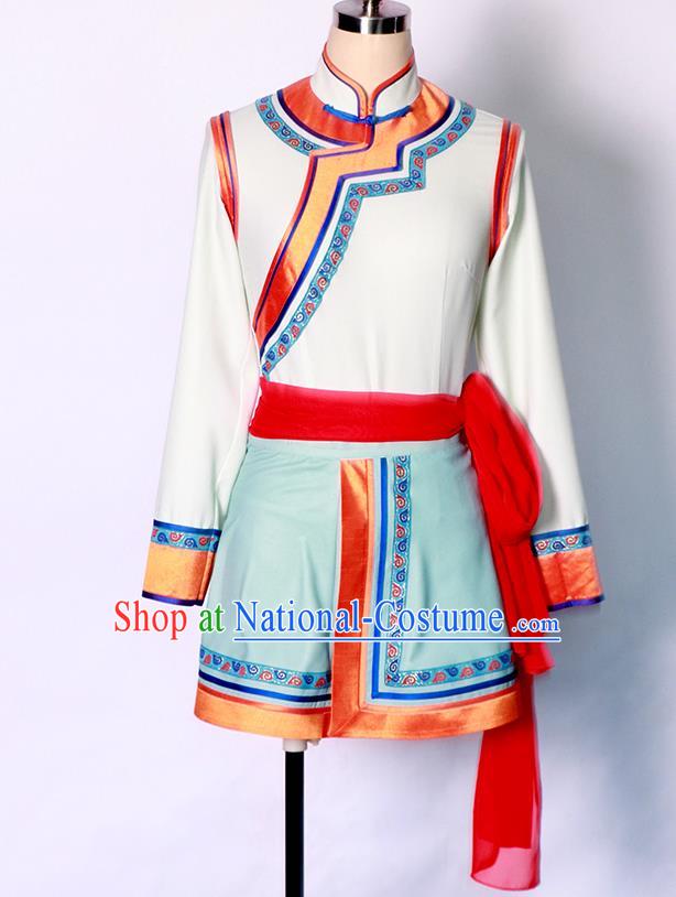 Chinese Ethnic Folk Dance Clothing Mongolian Stage Performance Garment Mongol Nationality White Dress Costume