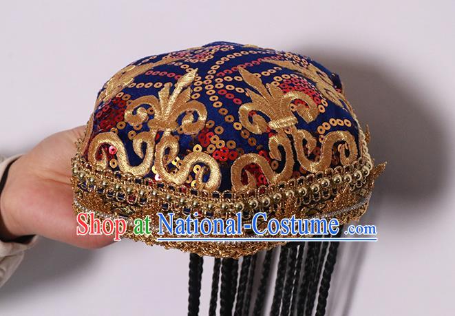 China Xinjiang Ethnic Stage Performance Hair Accessories Uyghur Nationality Woman Dance Headdress Uigurian Minority Royalblue Hat