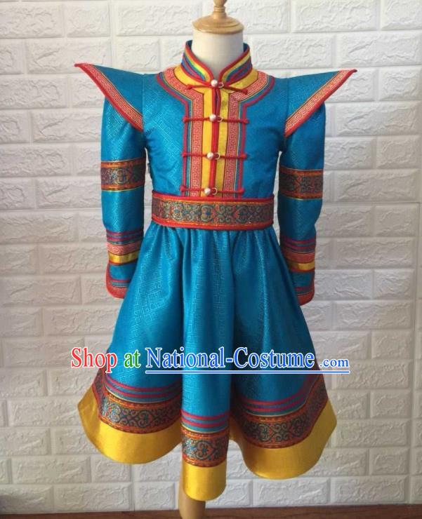 Chinese Mongol Nationality Girl Blue Brocade Robe Ethnic Children Clothing Mongolian Festival Dress Garment