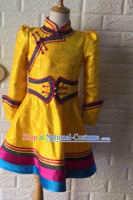 Chinese Mongolian Festival Dress Garment Mongol Nationality Girl Yellow Brocade Robe Ethnic Children Clothing