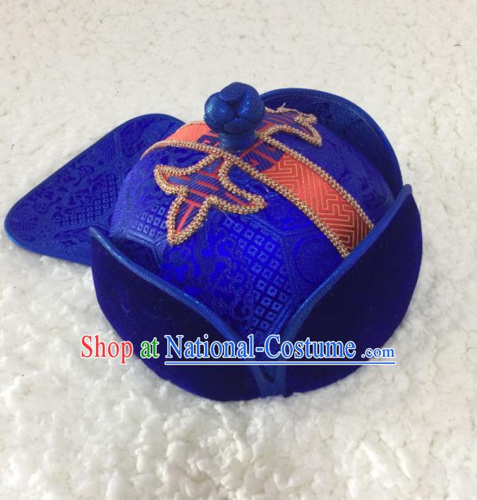 China Handmade Ethnic Children Winter Royalblue Brocade Hat Mongolian Nationality Headwear Mongol Minority Boy Headdress