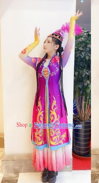 Chinese Traditional Uyghur Nationality Festival Purple Dress Outfits Uighur Minority Woman Garment Costumes Xinjiang Ethnic Folk Dance Clothing