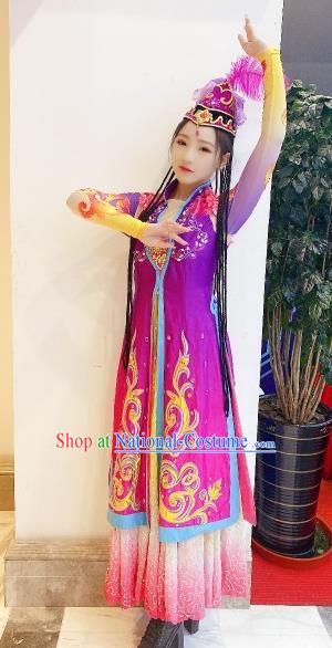 Chinese Traditional Uyghur Nationality Festival Purple Dress Outfits Uighur Minority Woman Garment Costumes Xinjiang Ethnic Folk Dance Clothing