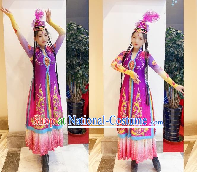 Chinese Traditional Uyghur Nationality Festival Purple Dress Outfits Uighur Minority Woman Garment Costumes Xinjiang Ethnic Folk Dance Clothing