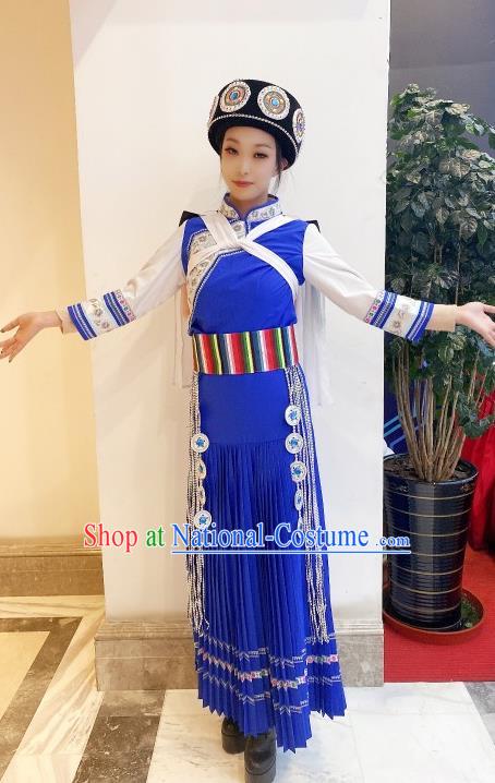 Chinese Yunnan Ethnic Folk Dance Clothing Traditional Naxi Nationality Festival Blue Dress Outfits Nakhi Minority Woman Garment Costumes