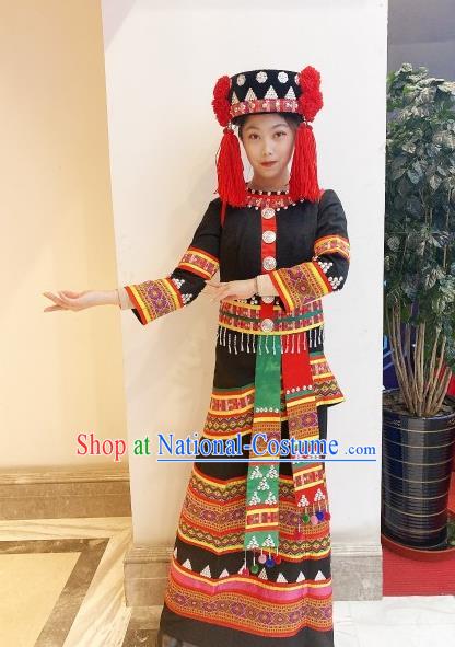 Chinese Ethnic Folk Dance Clothing Traditional Yi Nationality Black Dress Outfits Yunnan Minority Woman Garment Costumes