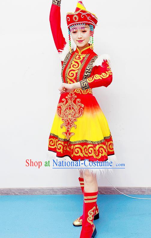 Chinese Mongolian Minority Woman Garment Costumes Ethnic Folk Dance Clothing Traditional Mongol Nationality Performance Red Dress Outfits