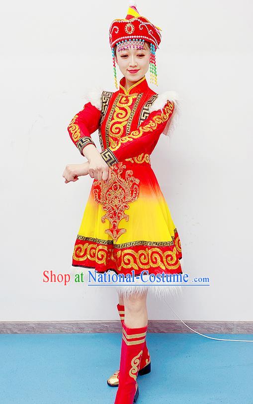 Chinese Mongolian Minority Woman Garment Costumes Ethnic Folk Dance Clothing Traditional Mongol Nationality Performance Red Dress Outfits