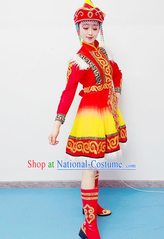 Chinese Mongolian Minority Woman Garment Costumes Ethnic Folk Dance Clothing Traditional Mongol Nationality Performance Red Dress Outfits