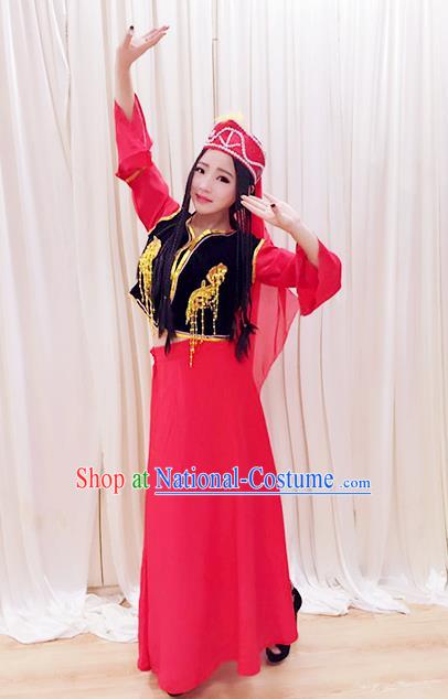 Chinese Uigurian Minority Woman Garment Costumes Xinjiang Ethnic Folk Dance Clothing Traditional Uyghur Nationality Performance Rosy Dress Outfits