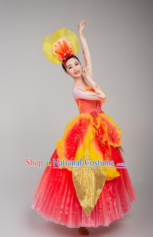 China Stage Performance Outfits Modern Dance Costumes Women Peony Dance Clothing Spring Festival Gala Opening Dance Red Dress