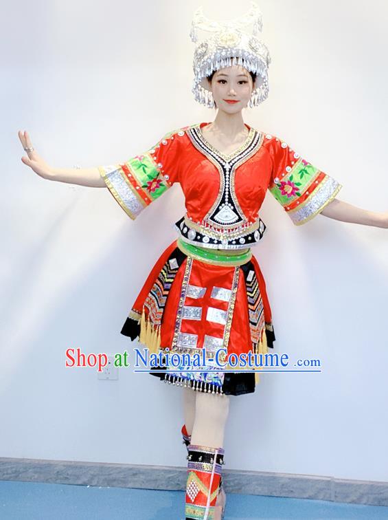 Chinese Miao Minority Festival Garment Costumes Xiangxi Ethnic Folk Dance Clothing Traditional Tujia Nationality Performance Red Dress Outfits