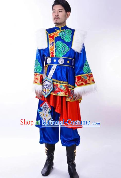 Chinese Traditional Zang Nationality Performance Royalblue Outfits Tibetan Minority Male Festival Garment Costumes Xizang Ethnic Folk Dance Clothing