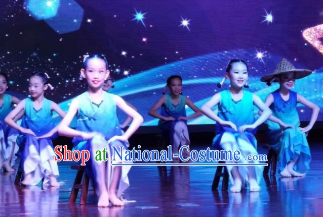 Chinese Children Day Performance Blue Outfits Stage Performance Garments Kids Yangko Dance Costume Fan Dance Clothing