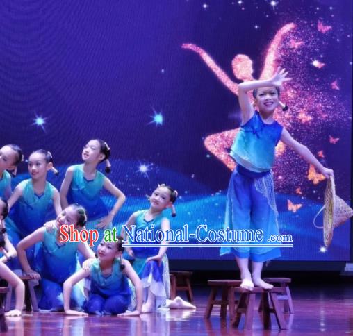 Chinese Children Day Performance Blue Outfits Stage Performance Garments Kids Yangko Dance Costume Fan Dance Clothing