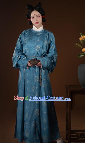 China Tang Dynasty Blue Round Collar Robe Ancient Hanfu Historical Clothing for Women for Men