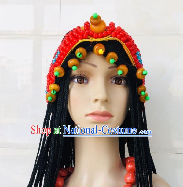 China Xizang Ethnic Wedding Bride Red Beads Headdress Zang Nationality Folk Dance Hair Accessories Tibetan Minority Performance Hairpieces