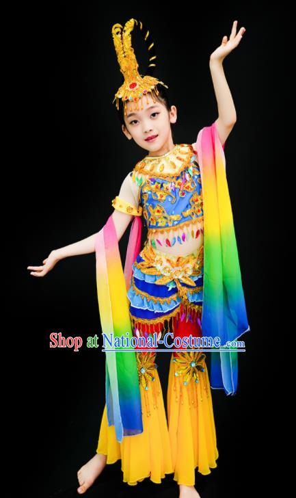 China Children Flying Apsaras Dance Yellow Outfits Girl Performance Clothing Classical Dance Garment Costumes Fairy Dance Dress