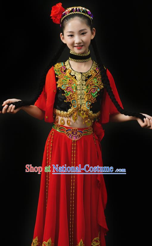 Chinese Xinjiang Ethnic Girl Dance Costumes Uyghur Nationality Stage Performance Red Dress Outfits Uighur Minority Children Dance Clothing