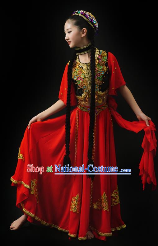 Chinese Xinjiang Ethnic Girl Dance Costumes Uyghur Nationality Stage Performance Red Dress Outfits Uighur Minority Children Dance Clothing