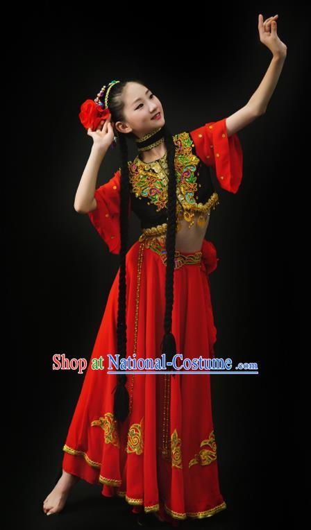 Chinese Xinjiang Ethnic Girl Dance Costumes Uyghur Nationality Stage Performance Red Dress Outfits Uighur Minority Children Dance Clothing