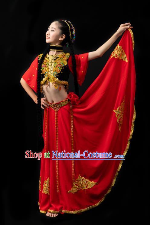 Chinese Xinjiang Ethnic Girl Dance Costumes Uyghur Nationality Stage Performance Red Dress Outfits Uighur Minority Children Dance Clothing