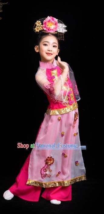 China Ancient Princess Dance Pink Dress Qing Dynasty Children Outfits Girl Performance Clothing Classical Dance Garment Costumes