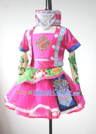 Chinese Tujia Minority Children Dance Clothing Xiangxi Ethnic Girl Dance Costumes Yi Nationality Stage Performance Rosy Dress Outfits