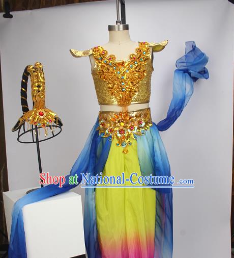 China Girl Performance Clothing Classical Dance Garment Costumes Fairy Dance Dress Children Flying Apsaras Yellow Outfits