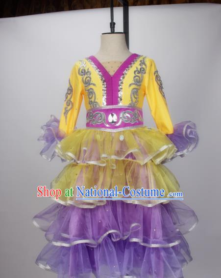 Chinese Xinjiang Ethnic Girl Dance Costumes Kazak Nationality Stage Performance Dress Outfits Kazakh Minority Children Dance Clothing