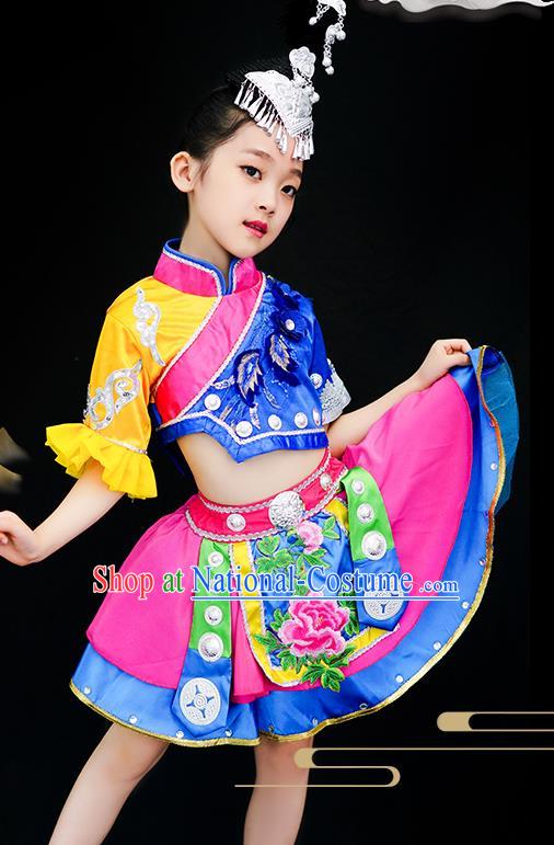 Chinese Miao Minority Children Dance Clothing Ethnic Girl Dance Costumes Xiangxi Hmong Nationality Stage Performance Dress Outfits