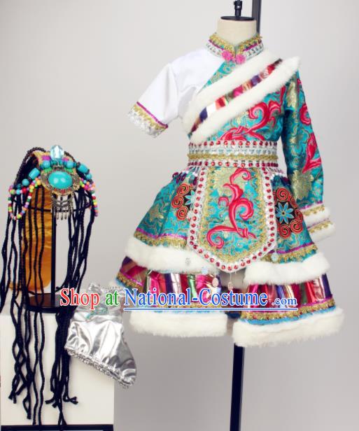 Chinese Zang Nationality Stage Performance Dress Outfits Tibetan Minority Children Dance Clothing Ethnic Girl Dance Costumes