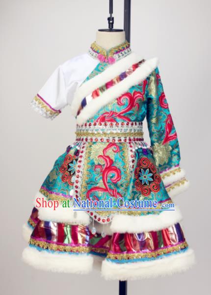 Chinese Zang Nationality Stage Performance Dress Outfits Tibetan Minority Children Dance Clothing Ethnic Girl Dance Costumes