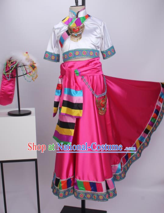 Chinese Ethnic Girl Dance Costumes Zang Nationality Stage Performance Rosy Dress Outfits Tibetan Minority Children Dance Clothing