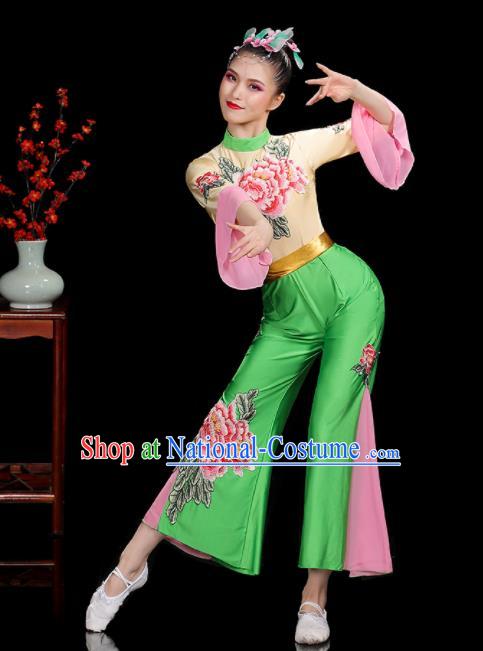 Professional China Fan Dance Clothing Folk Dance Printing Peony Green Outfits Women Group Dance Costumes Yangko Dance Garments