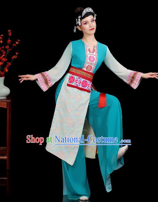 Chinese Yao Minority Country Woman Dance Clothing Ethnic Dance Costumes Yi Nationality Stage Performance Blue Outfits