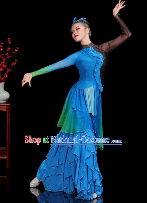 Professional China Women Group Dance Costumes Yangko Dance Garments Umbrella Dance Clothing Folk Dance Blue Outfits