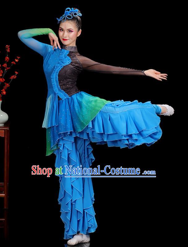 Professional China Women Group Dance Costumes Yangko Dance Garments Umbrella Dance Clothing Folk Dance Blue Outfits